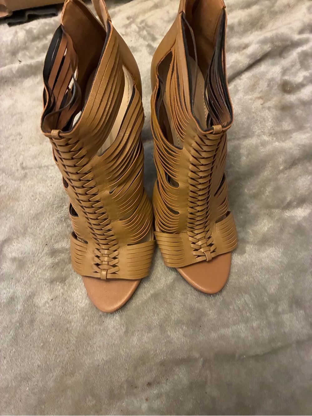 BCBGeneration Cognac Woven Cutout Peep-Toe Heels